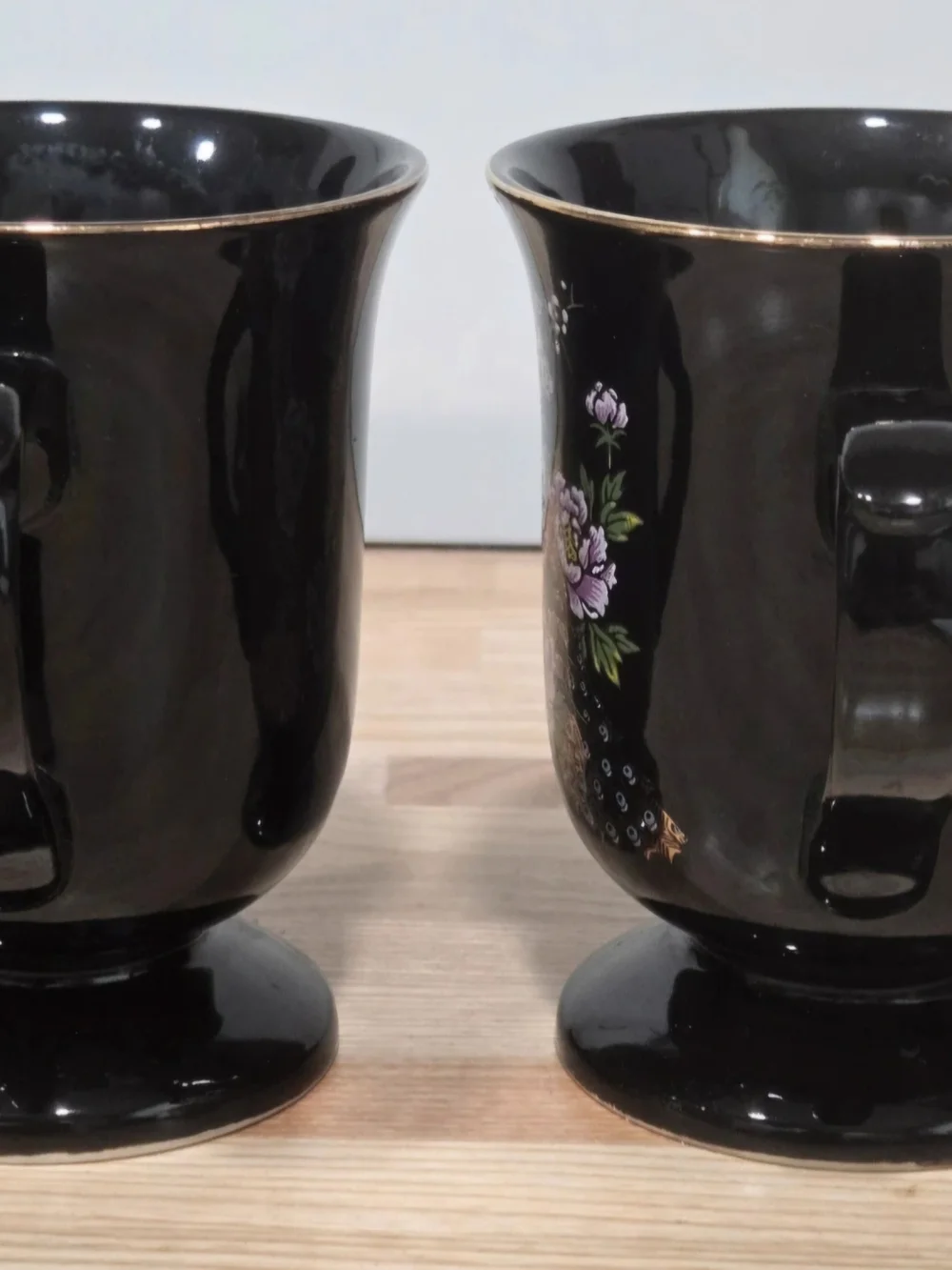 Vintage Y-China Japan Black & Gold Peacock Footed Coffee Mugs (Set of 2)